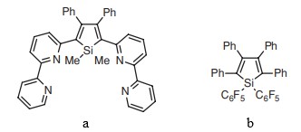 Chemical structure of  bipyridine-substituted silole (a) and 1,1-bis(pentafl  uorophenyl)-2,3,4,5-tetraphenylsiloles(b).